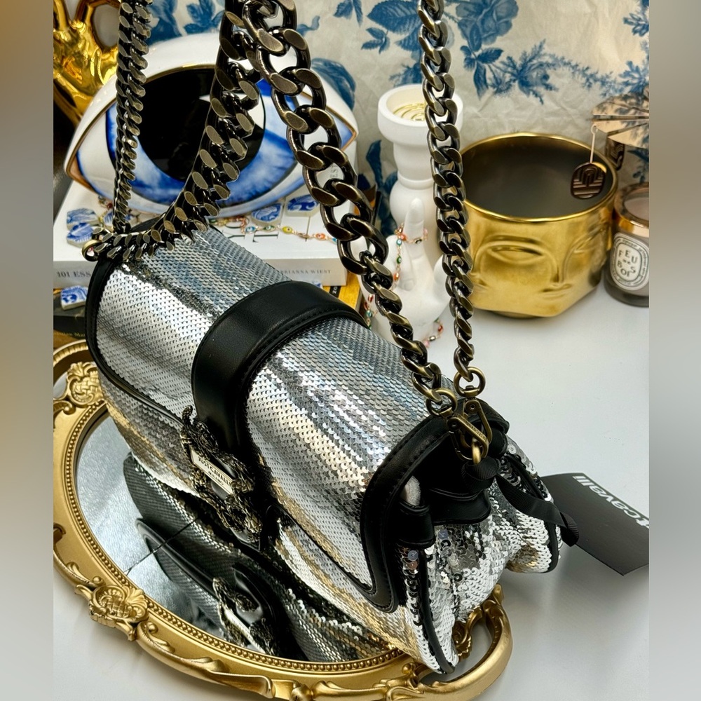 🆕 JUST CAVALLI 🧿 NWT Iconic Snakes Logo-Plaque Sequin Handbag - Picture 6 of 15